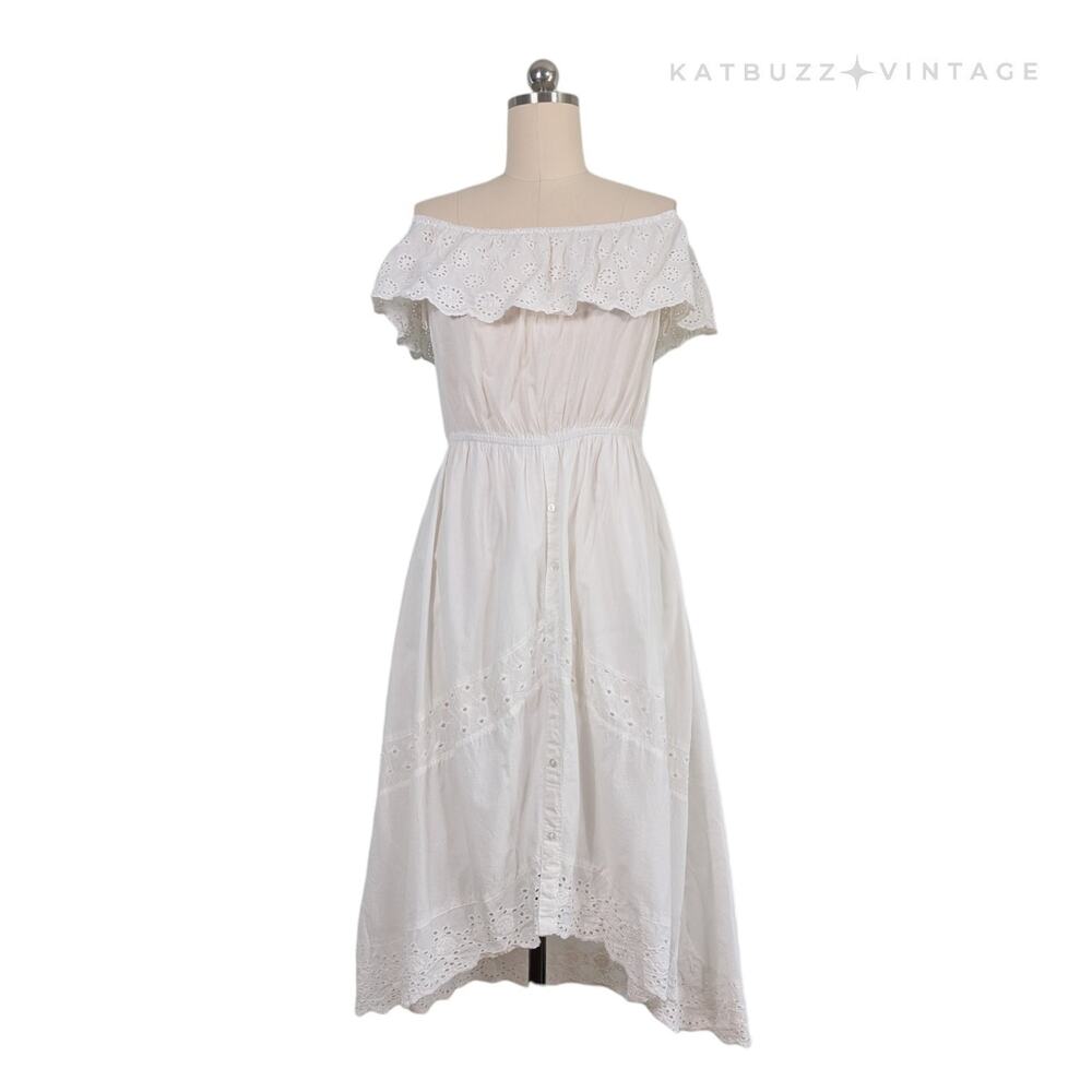 Eyelet Milkmaid Midi Dress L White Lace Peasant Off Shoulder Ruffle Honeymoon